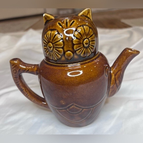Vintage Boho Owl Teapot Brown Glazed Ceramic 70s Owl 1 Cup w/ Lid 5 3/4" Tall - Picture 3 of 11